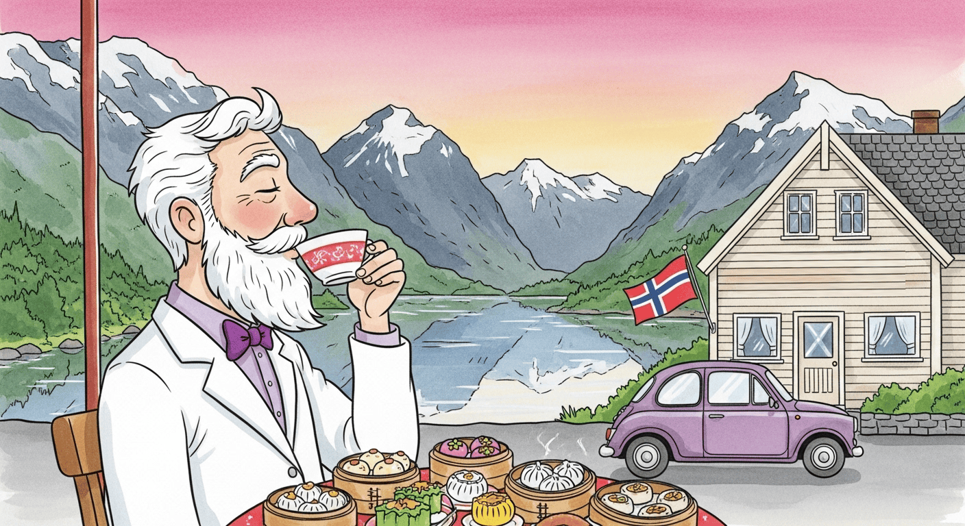 A man wearing a bow tie, drinking tea and eating Yum Cha outdoors, in Norway.