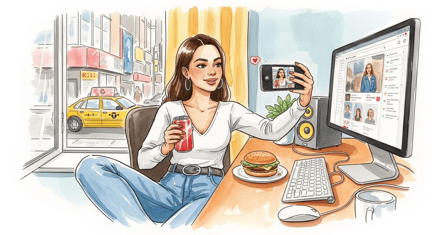 A taxi is outside. A Greek woman using their computer, posting a video selfie on their blog, eating a hamburger, drinking soda, and wearing jeans.