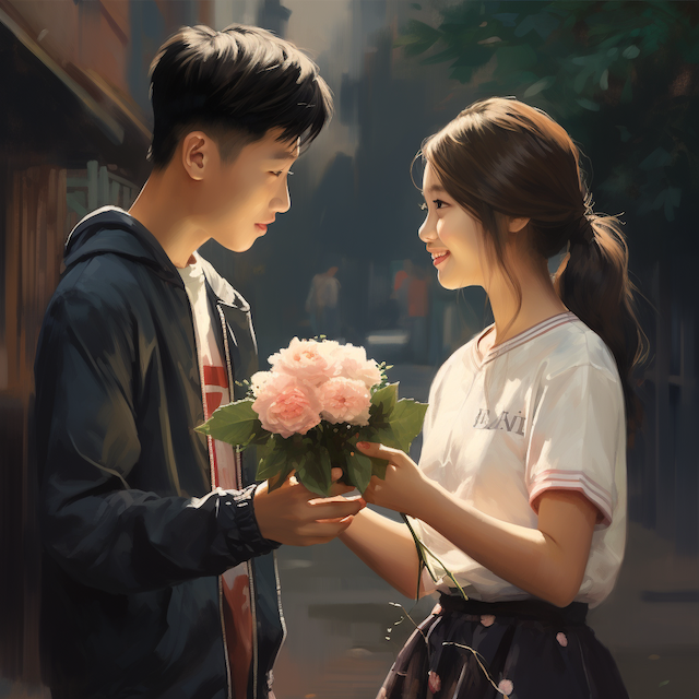 Boy giving a flower to a girl
